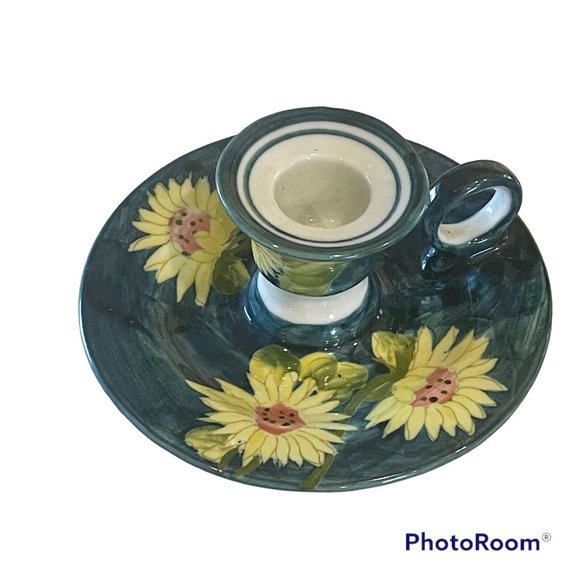 Vintage Chamberstick Hand Painted Thailand Candlestick Holders pair SUNFLOWERS - Picture 3 of 11
